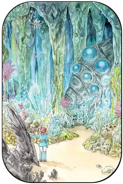 Watercolour of Nausicaä in blue, exploring a glowing fungal jungle.