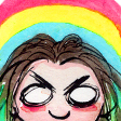 A doodle of Jen’s face peeking up with the pansexual colours behind her.