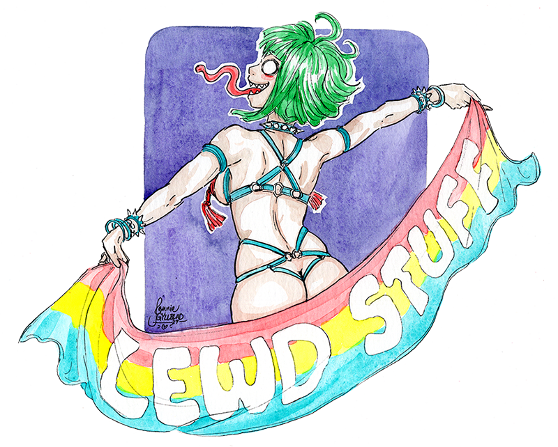 A painting of a lady holding a banner that says LEWD STUFF